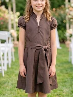 CREWCUTS by J.CREW Brown Silk Puff Sleeve Dress Sz 10 | Ruffle Collar Tie Waist